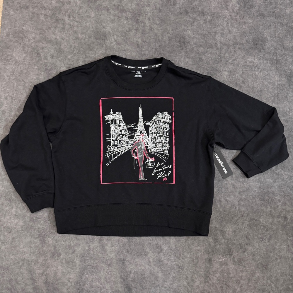 NWT Women KARL LAGERFELD Black sweatshirt Paris Shopping girl embellished Medium